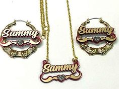 "Personalized Name Plate Custom Name Necklace and Earrings Set Nameplate Name Laser Cut, Made To Order - Choose Your Favorite Color For The Background Personalized Custom Necklace Name Plate Mirror Name Laser Cut Style - Your Name - it doesn't matter how many letters are in your name. You could also put a nickname or word. Choose the color background that you like (pink, red, gold, blue, purple, black, orange, yellow, midnight blue, green). It's a necklace and earrings matching set. You can also Customizable Red Jewelry For Birthday, Customized Red Jewelry For Birthday, Personalized Name Plates, Earrings Matching, Personalized Matches, Bamboo Earrings, Plate Necklace, Custom Name Necklace, Color Background