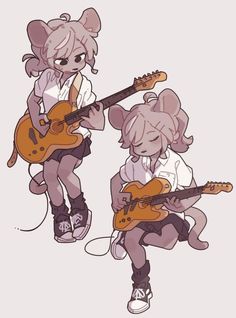 two cartoon mouses playing guitars and one is holding an electric guitar in her hand