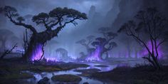 an image of a fantasy forest scene with purple lights in the trees and stream running through it