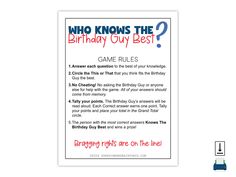 This Who Knows The Birthday Guy Best Birthday Party Game is the perfect game to add excitement and laughter to your Birthday celebrations! What's Included With This PDF File Game Directions Game Rules Game Sheet (two games on one page) This printable is made to print on 8-1/2 x 11 US Letter. Stuff You Need To Know This is a digital product. Nothing will be mailed. The Who Knows The Birthday Guy Best Game PDF is for personal use only. You may not resell or share this product in ANY digital form. This product can not be sold, shared, or used commercially in a digital or physical format. You can NOT make the designs available for digital download, resell, or redistribute them as is, or modify them in digital form. This product is subject to © COPYRIGHT and is the intellectual property of Suns Who Knows The Birthday Boy Best, Birthday Party Game, Game Rules, July Birthday, Sweet 16 Parties, Trivia Questions, Perfect Game, Birthday Party Games, Intellectual Property