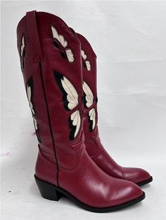 Brightly textured our Bessy Embroidery Butterfly Western Boots bring dynamic flair to this cowboy boot for an uplifting addition to casual days with almond toe, block heel, and butterfly inlay.Specs: Material: PU Pointed Toe Square heel Platform Height: 0-3cm Fits true to size, take your normal size Red Western Summer Boots, Western Style Red Mid-calf Boots For Fall, Red Western Style Mid-calf Boots, Red Bohemian Boots For Fall, Casual Mid-calf Boots For Western-themed Spring Events, Embroidery Butterfly, White Dress Top, Boho Kids, White Long Sleeve Dress