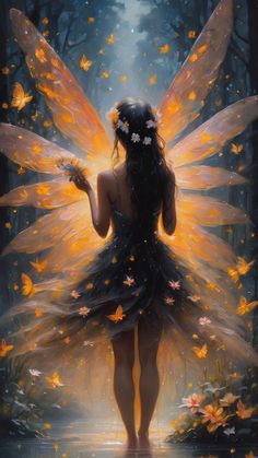 a painting of a fairy with butterflies on her wings and holding a flower in one hand