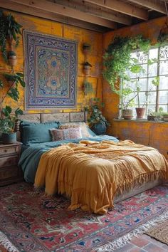 a bed sitting in a bedroom next to a window with potted plants on it