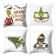 four pillows with christmas designs on them in different styles and colors, including one for the grin