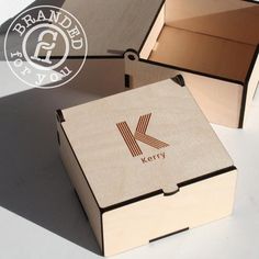 an open box with the letter k on it is sitting next to another closed box