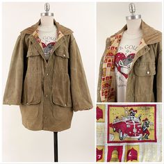 "Vintage canvas firefighter coat with corduroy collar and fire truck novelty print lining. Snap button closures, large front pockets, cropped sleeves, and hooks on the back collar and side waist. Distressed vintage condition with spotting / discoloration - please see photos.  All measurements are taken with the garment laying flat and doubled for the chest, waist, and hips.  Chest: 46\" Shoulder to Shoulder: 19.5\" Sleeve (center back collar seam to shoulder + shoulder to cuff): 31\" Length (cen Utility Cotton Outerwear For Adventure, Vintage Corduroy Outerwear For Outdoor, Vintage Corduroy Outdoor Outerwear, Fall Utility Jacket For Adventure, Vintage Corduroy Outerwear With Patch Pockets, 70s Jeans, Horse Vintage, Vintage Duck, Cropped Sleeves