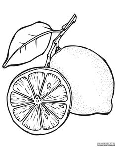 a lemon with a leaf on it and a piece of fruit next to it, in black and white