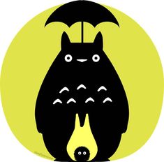 a black cat with an umbrella over its head on a yellow background, in the shape of a circle