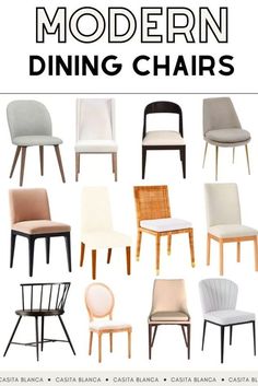 modern dining chairs in various styles and colors with the words modern dining chairs above them