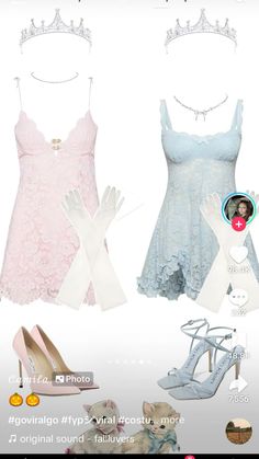 two dresses and shoes are shown in this screenshot from the app, which features an image of a woman's face