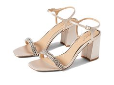 Jewel Badgley Mischka Lori - Women's Sandals : Champagne : A wedding night, or a bar night stay stunning wearing Jewel Badgley Mischka Lori heels. Man-made upper. Man-made lining. Man-made insole. Square open toe. Stunning crystals at the vamp, in three statement rows. Block heel. Buckle strap closure. Man-made sole. Imported. Weight of footwear is based on a single item, not a pair. Wedding Block Heels, Bar Night, Chelsea Wedding, Jewel Badgley Mischka, Badgley Mischka Shoes, Womens Shoes High Heels, Wedding Night, Badgley Mischka, Women's Sandals