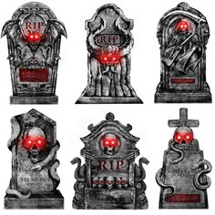 four tombstones with red eyes are shown in black and white