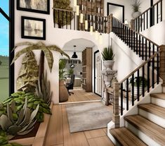 an artist's rendering of a staircase leading to a living room with potted plants