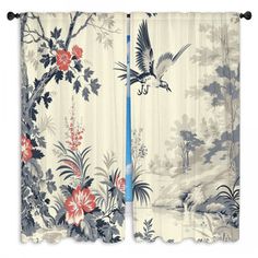 two curtains with birds and flowers hanging on the side of each curtain, one in front of