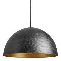 a black and gold pendant light hanging from a metal ceiling fixture on a white background