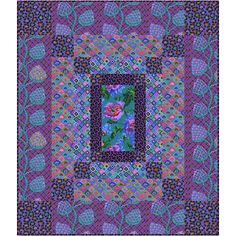 a square quilt with flowers and leaves in the center on a purple background that has an image of a flower