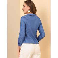 The Allegra K Denim Top for Women features a classic jeans blouse design with a button-front and turndown collar. Made from 85% cotton and 15% polyester, this regular fit top offers long sleeves and a denim vibe perfect for upcoming seasons. Ideal for casual settings, this blouse suits various occasions such as dates, shopping, work, and daily wear. Its versatile design keeps you in control of any casual vibe, making it a staple piece in your wardrobe. Collared Denim Blue Blouse With Button Closure, Collared Denim Blue Blouse For Work, Denim Blue Collared Blouse With Button Closure, Blue Button-up Denim Top With Button Cuffs, Denim Blue Collared Blouse For Work, Denim Blue Collared Workwear Blouse, Blue Denim Button-up Top With Button Cuffs, Denim Blue Button-up Workwear Blouse, Collared Denim Blue Cotton Blouse