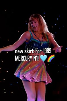 a woman is dancing on stage with the words new skirt for 1989 mercuy n'1