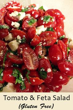 tomato and feta salad gluten free on a plate with text overlay