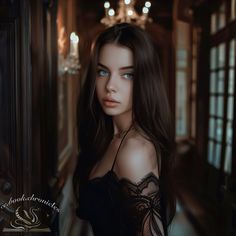 a woman with blue eyes is posing for a photo in a black dress and lace top