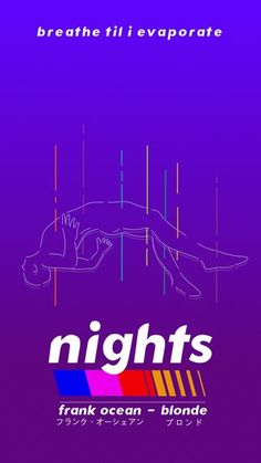 a poster with the words nights and a woman laying on her stomach in front of a purple