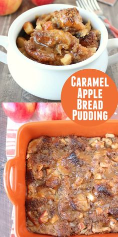 caramel apple bread pudding in an orange casserole dish with text overlay