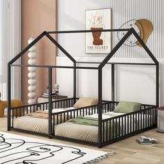 Metal Twin Size House Platform Beds, Two Shared Beds Twin House Bed, Floor Bed Frame, House Frame Bed, Twin Bed Frame, Platform Beds, Beds And Headboards, Floor Bed, Boys Bedding, Metal Platform Bed