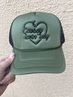 This is one of our best selling designs.   Embroidery on a foam adjustable snap back Trucker hat.  We love it on both colors and its perfect for any cowgirl Cowgirl Gifts, Western Apparel, Bachelorette Gift, Selling Design, Bachelorette Gifts, Cow Girl, Snap Back, Snap Backs, Western Outfits