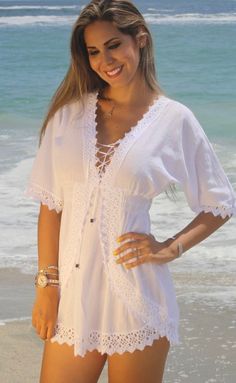 Beautiful  beach cover up!  You can always wear as a top  with skinny jeans or leggings Border Lace, Cheap Blouses, Clothing Sites, Fashion Dresses Casual, Beautiful Clothes, Priyanka Chopra, Tunic Blouse, Red Blouses, Beaded Lace