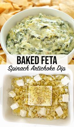 baked feta spinach artichoke dip in a white bowl with crackers on the side