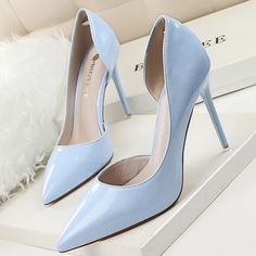 Eco Patent Leather High-Pointed Toe Stiletto Heels Sky Blue Heels, Blue Heels Wedding, Pointed High Heels, High Heel Dress Shoes, High Heel Dress, Elegant High Heels, Heels Classy, Womens Stilettos, Patent Shoes