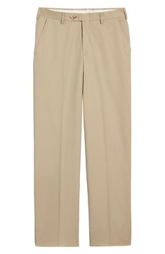 Classically tailored flat-front pants are crafted from smooth microfiber that resists water and stains to keep you looking sharp. 18" leg opening; 11 1/2" front rise; 17" back rise Zip fly with button-tab closure Side slant pockets; back button-welt pockets Water and stain resistant 100% polyester Dry clean Imported Tailored Solid Full-length Bottoms, Tailored Full Length Solid Bottoms, Solid Full-length Pants With Welt Pockets, Classic Chinos With 4-way Stretch For Business Casual, Classic 4-way Stretch Straight Leg Chinos, Classic Straight Fit Full Length Pants, Classic Stretch Work Pants, Classic Spring Pants With Straight Hem, Classic Straight Hem Pants For Spring