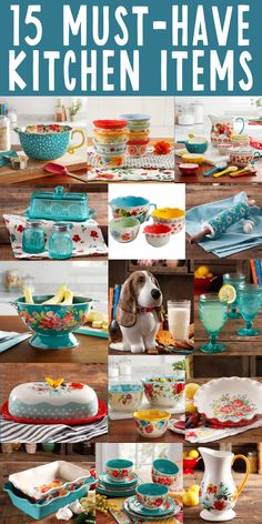 the top ten must have kitchen items in this collage is an image of dishes, cups and saucers