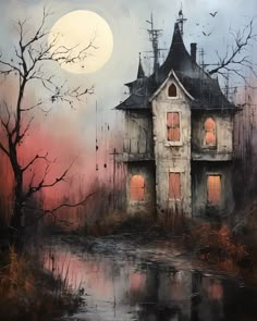 a painting of an old house with the moon in the sky and trees around it