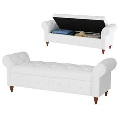 two white couches with storage underneath them