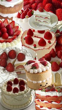 many different types of cakes and desserts with strawberries on them