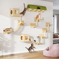 the cat tree is made from wood and has several cats on it, including two kittens