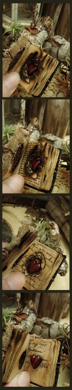 four different pictures of an old book being held up by someone's hand with their fingers