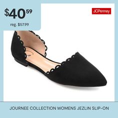 The Jezlin flat by Journee Collection features a lovely scalloped cut-out edge, and a faux suede material. The flattering pointed toe and breezy cut-outs come together to create a comfortable, all-day wear shoe.Features: LightweightClosure Type: Slip-OnShoe Heel Height: 1/2 InchUpper/Outer Base Material: 100% SyntheticShoe Lining Material: SyntheticSole Material Content: 100% PolyurethaneToe Type: Pointed ToeCare: Spot CleanHeel Style: Block HeelCountry of Origin: Imported Shoes Ballet Flats, Ballet Flats Black, Black Ballet Flats, Suede Material, Journee Collection, Ballet Flat Shoes, Cut Outs, Ballet Flats, Faux Suede