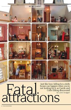 an advertisement for a doll house with pictures of rooms and furniture in it's walls