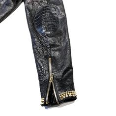 Kashani Alligator Studded Swarovski Lambskin Bomber JacketSkin: Lambskin, Crystal, AlligatorStyle: Bomber JacketColor: Black/Silver Stud or Black/Gold Stud Studded Jacket, Leather Jacket Black, Gold Stud, Gold Studs, Lambskin Leather, Silver Studs, Leather Glove, Alligator, Black Silver