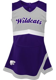 a purple and white cheerleader uniform with the word wildcats on it's chest