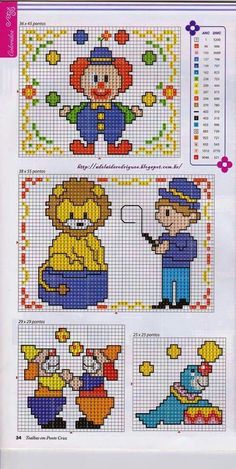 the cross stitch pattern for clowns is shown in four different colors and sizes, including one