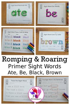 four different pictures with the words romping and roaring on them, including two black and