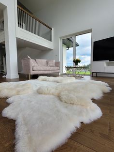 a living room filled with furniture and a white rug on top of a hard wood floor