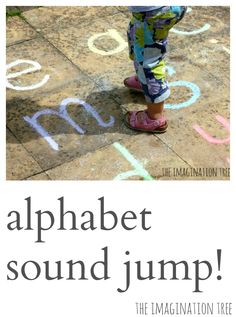 a child standing in front of a sidewalk with the words alphabet sound jump written on it