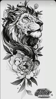 a black and white drawing of a lion with flowers