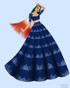 a digital painting of a woman in a blue dress with an orange feather on her head