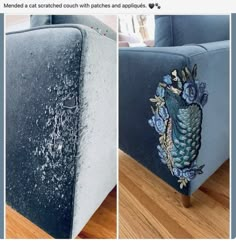 two pictures of a blue couch with an owl painted on the front and back side