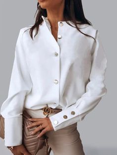 Long Sleeve Shirt & Top | zolucky Elegant White Blouse, Fashion Stand, Women White Blouse, White Shirt Blouse, Round Neck Shirt, Elegantes Outfit, Satin Shirt, Summer Blouses, Elegant Shirt